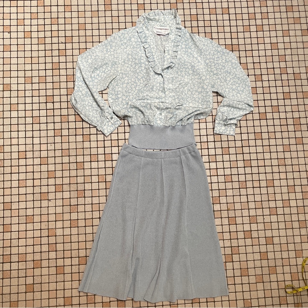 VTG Castleberry powder Blue Blouse and Skirt Set